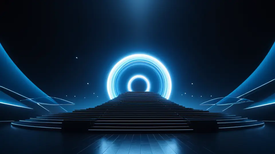 3D渲染，一个抽象的、发光的神经网络结构悬浮在深蓝色背景中，周围环绕着代表不同技术领域的几何图标（如芯片、齿轮、数据流），中央构图，科技感与未来感