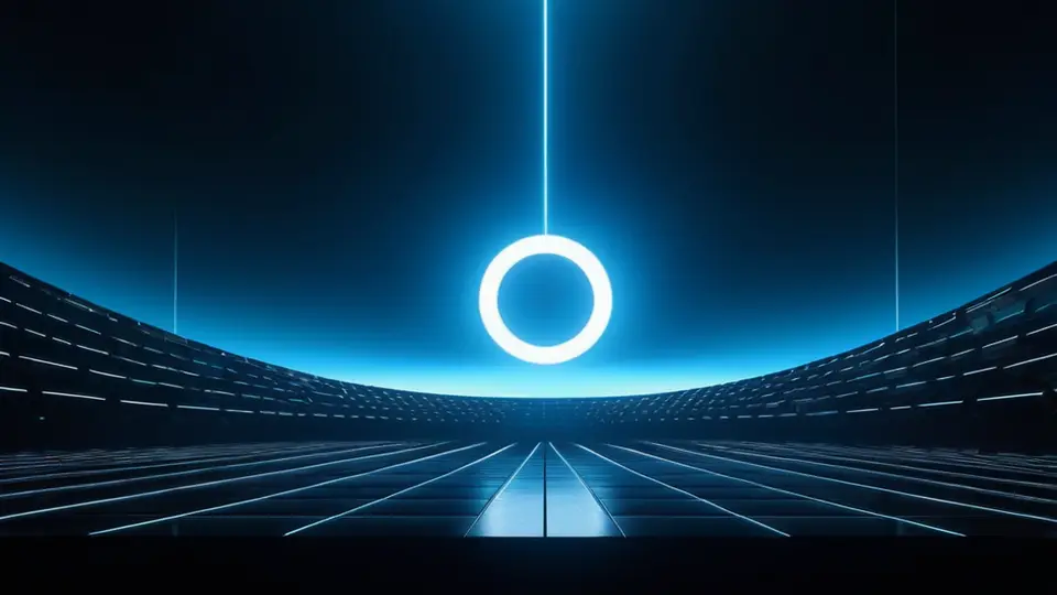 3D渲染，一个发光的数字锁图标悬浮在抽象的代码流和电路板之上，象征软件著作权保护，科技蓝与深灰色调，居中构图，背景有微光粒子效果
