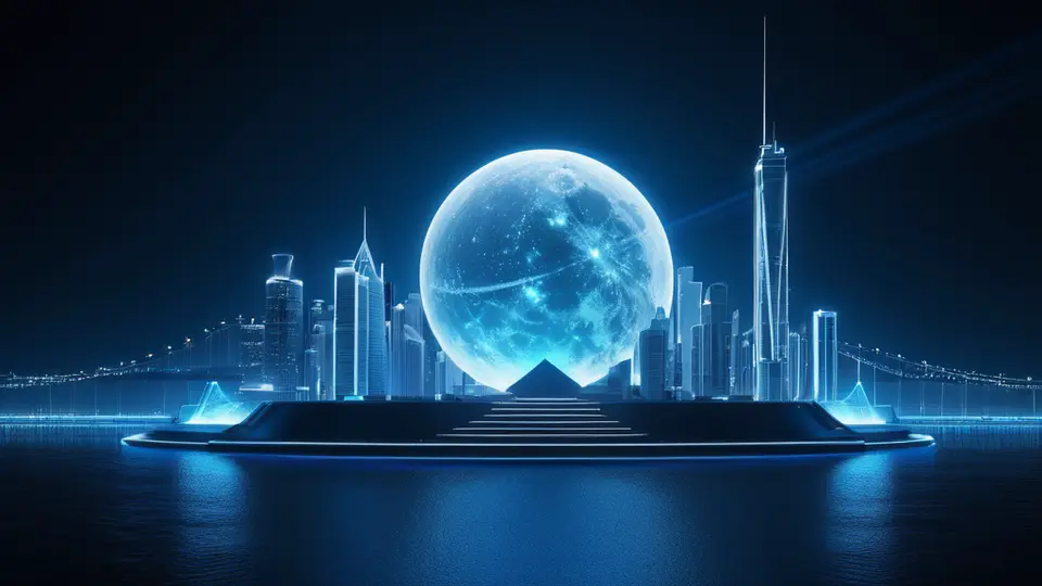 商务示意图，一个中心化的圆形图，周围环绕着五个图标，分别代表需求沟通、设计稿、代码符号、测试对勾和握手图标，采用扁平化风格，蓝色和白色为主色调，对称构图，清晰表达服务流程