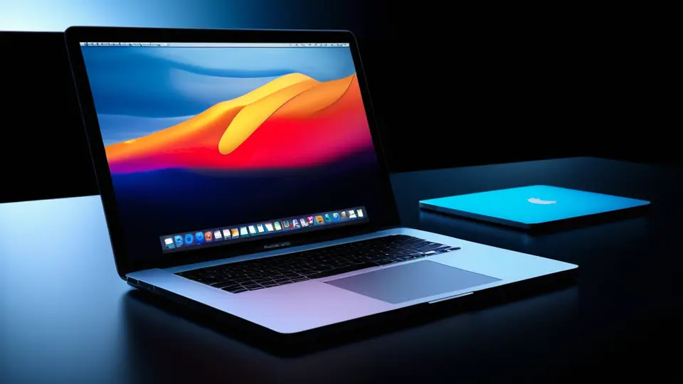 写实摄影，一位设计师在MacBook Pro前工作，屏幕上显示抽象的社交媒体界面设计草图和色彩面板，暖色调，侧光构图，桌面整洁有设计感