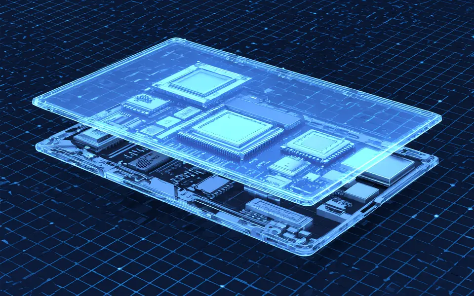 3D渲染，一个透明的笔记本电脑内部结构图，清晰展示CPU、GPU芯片、内存条和SSD硬盘等核心组件，背景为深蓝色科技感网格，组件发出淡蓝色微光，对称构图