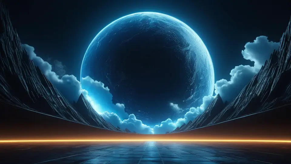 3D渲染，一个透明的立方体内部显示着清晰的开发流程图标（如齿轮、画笔、对勾），周围环绕着代表沟通、设计、代码的抽象元素，科技感蓝紫色调，立体透视构图
