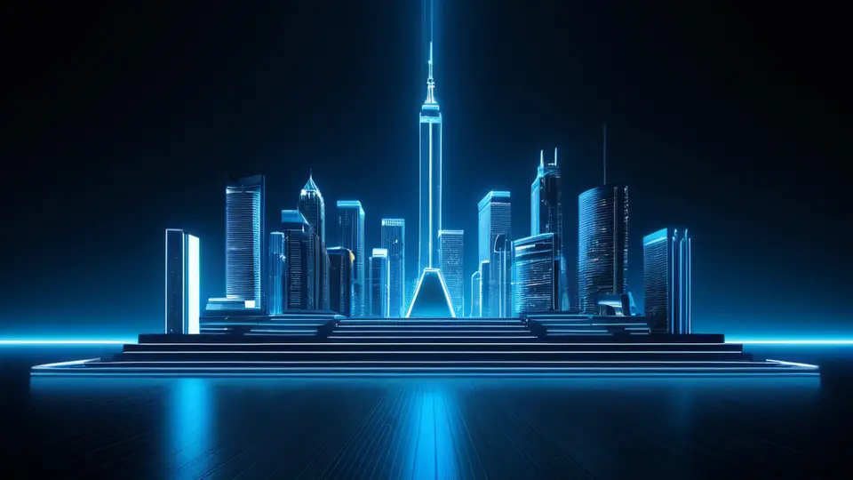 商务示意图，一个三维金字塔模型，底层是“数据与算法”，中层是“产品设计与用户体验”，顶层是“商业目标与市场”，金字塔旁有象征连接的箭头，使用蓝色、灰色和橙色搭配，采用等距视角