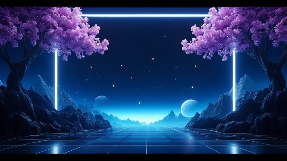 3D渲染，一个抽象的流程图概念，由多个发光的节点和连接线组成，代表申请步骤，节点内有齿轮、文件夹、对勾等图标，无文字，采用蓝紫色渐变背景，居中构图，具有科技感
