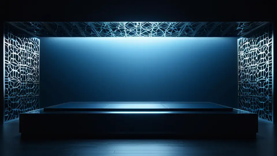 3D渲染，一个巨大的电影票根形状的透明屏幕悬浮在客厅中央，屏幕上播放着抽象的光影画面，沙发和茶几环绕四周，暖色调灯光，俯视构图，画面干净无文字