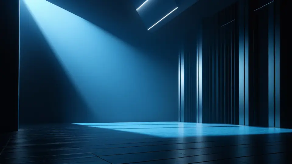 3D渲染，一组办公隔间，其中一台电脑屏幕显示柱状图和进度条，无文字，蓝灰配色，俯视构图，突出数据对比感