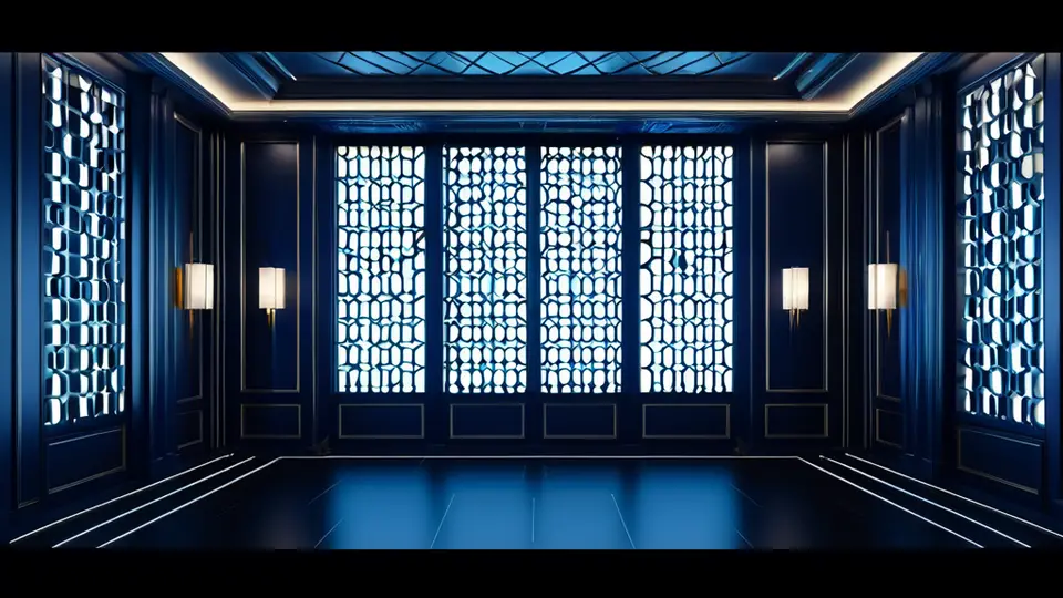 3D渲染，手机屏幕显示一个聚合直播软件的界面，多个彩色图标（代表频道）排列成网格状，蓝色主色调，俯视角度，手机平放在木桌上，周围有咖啡杯和绿植，无文字