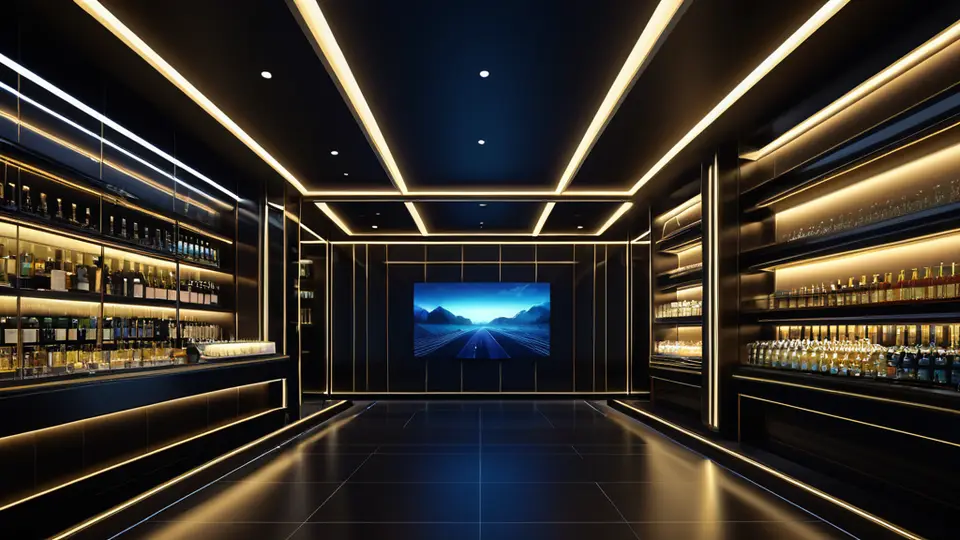 3D渲染，一个酒店大堂的休息区，墙上挂着一台大屏幕电视，屏幕上显示抽象色块和图标代表视频界面，无文字，淡蓝主色调，俯视构图，突出空间感和科技感