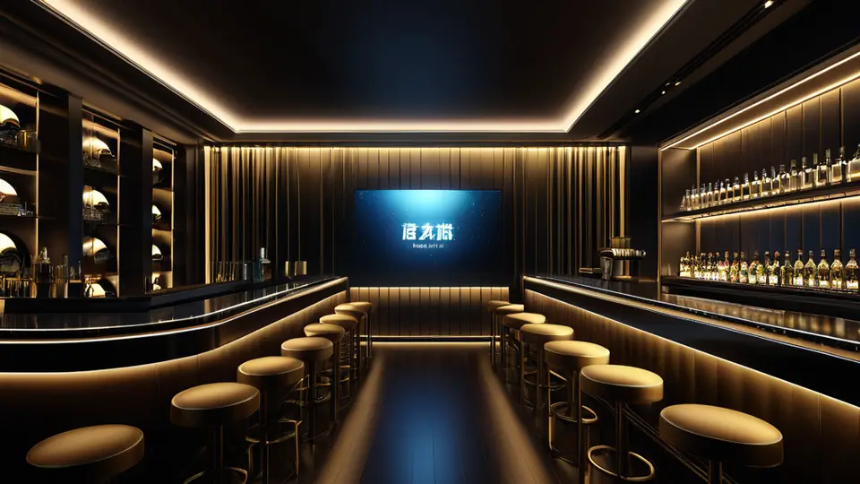 3D渲染，一个酒店房间内，电视屏幕上显示抽象的视频播放界面，有进度条和音量图标，无任何文字，房间内有沙发和茶几，暖色调灯光，俯视构图，突出电视屏幕和房间布局