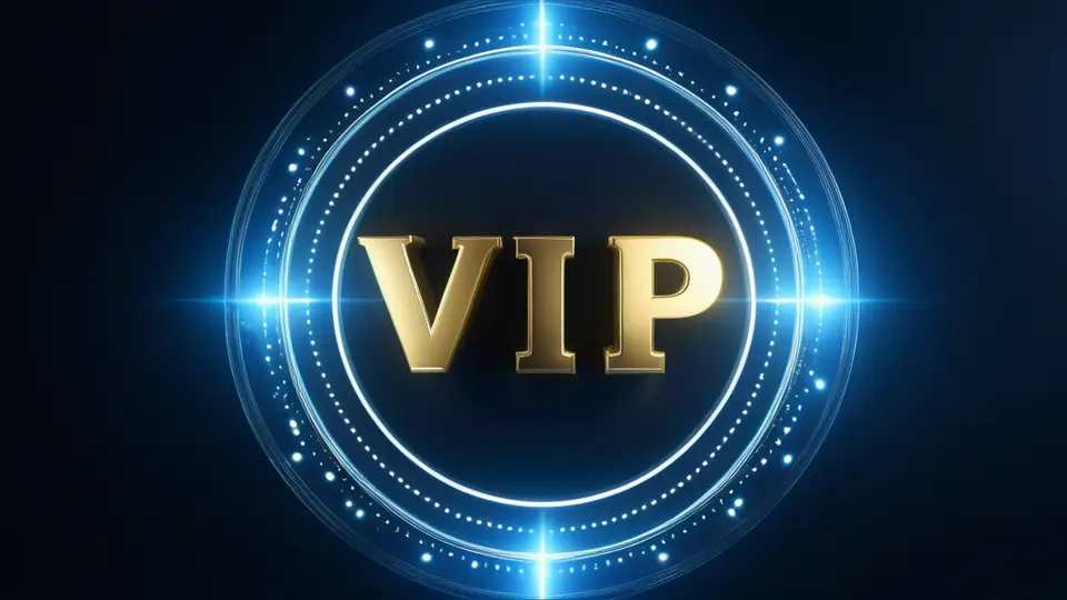 3D渲染风格，一张透明的会员卡悬浮在蓝色背景上，卡面显示VIP字样和金色星星图标，无中文文字，卡片周围有光晕和粒子效果，俯视角度，留白构图，科技感配色