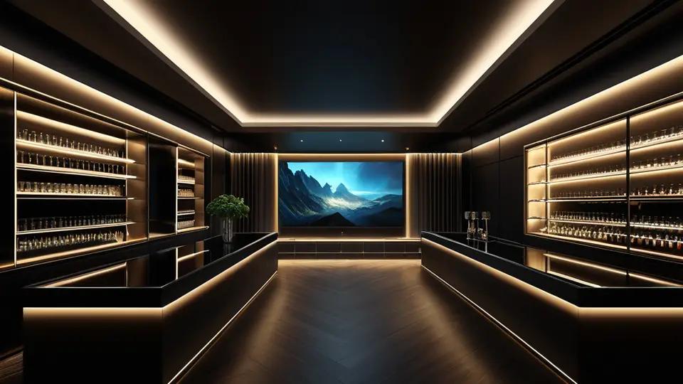 写实摄影，酒店大堂的休息区内，几位客人正坐在沙发上观看大屏幕电视，电视画面显示抽象色彩与几何形状。整体采用暖色调，广角构图，展现舒适放松的氛围。