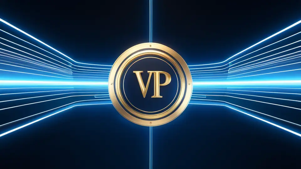 3D渲染，一个发光的金色VIP徽章悬浮在深蓝色背景中央，徽章表面有细腻的金属纹理和反光，周围环绕着电影胶片和播放按钮图标，淡蓝色主色调，中央构图，大量留白，无任何文字