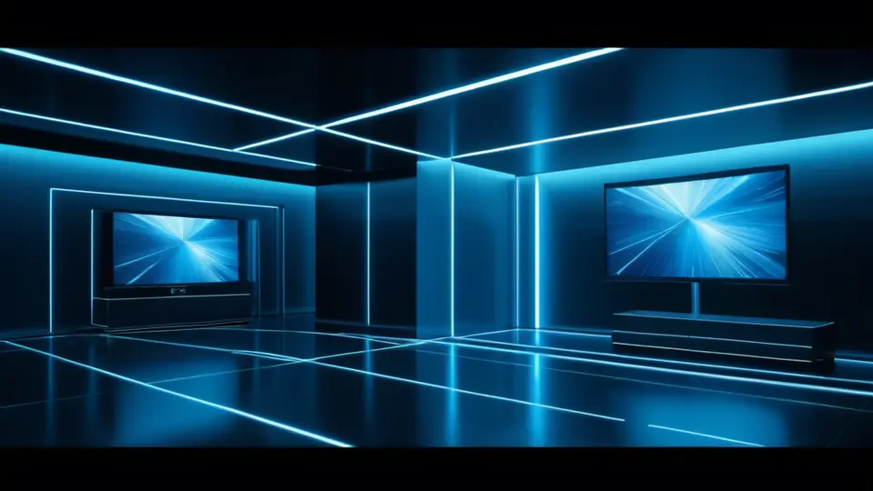 3D渲染风格，一个简洁的平板电脑悬浮在蓝色渐变背景中，屏幕显示抽象的直播界面：顶部有频道标签（仅含数字“8”和字母“CCTV”），中间为播放区域（用彩色几何色块模拟画面），底部有进度条和播放按钮，无任何中文文字，整体光影柔和，现代科技感
