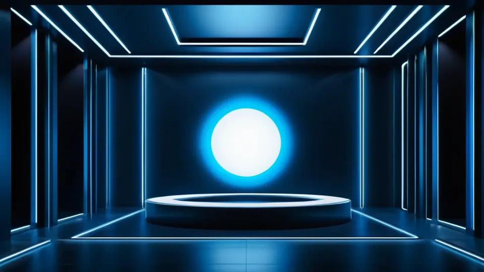 3D渲染，一个大型影视播放界面，屏幕上显示抽象色块和图标，代表观影授权流程，淡蓝主色调，中央构图，留白区域暗示高效管理，风格简洁现代