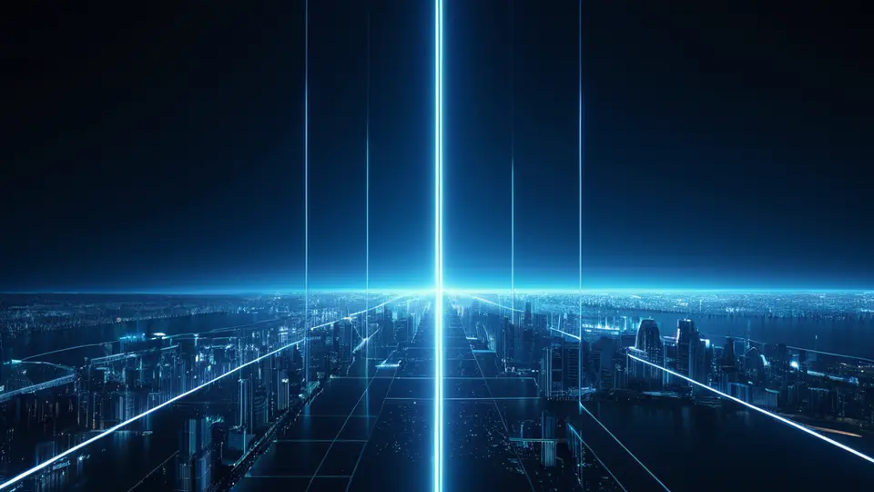 3D渲染，一台智能电视悬浮在深蓝色背景中，电视屏幕显示抽象图标和几何色块，代表直播应用界面，无任何文字，电视下方有下载箭头图标，暖色灯光，中央构图，留白