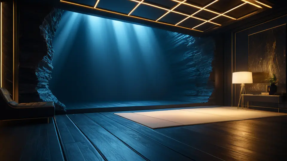 3D渲染，一个透明的立方体内部显示优酷播放器界面，周围环绕着88VIP金色光环，暖色调，居中构图，光影柔和，背景为渐变蓝色