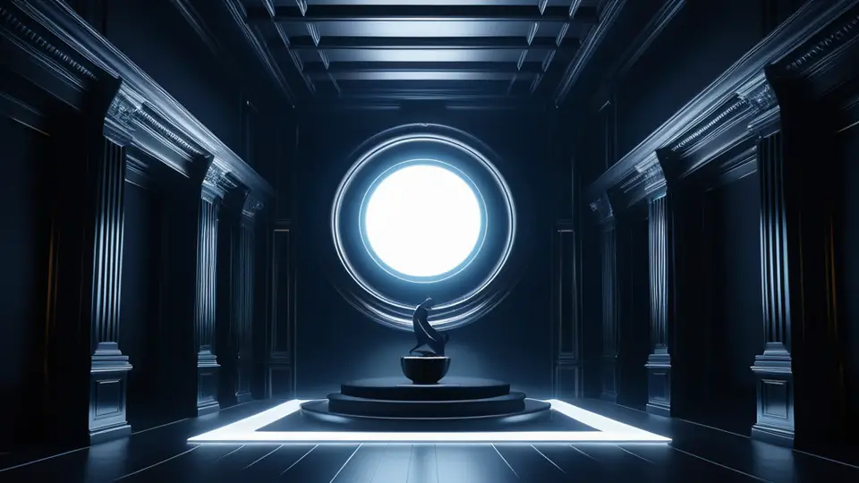 3D渲染，一间现代客厅的中央放置一台大屏电视，屏幕上显示抽象的多彩播放界面图标和色块，无任何文字；电视旁有一张沙发和茶几，茶几上放着一杯咖啡；整体暖色调，柔光照明，中央构图，画面干净简洁