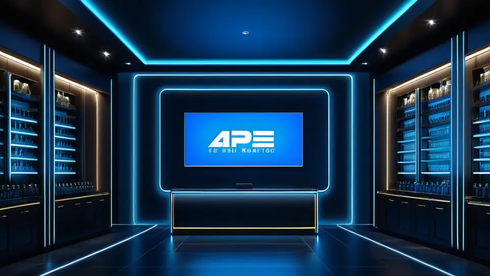 3D渲染，一个现代酒店走廊的俯视图，多扇房门排列，每扇门旁有一个小屏幕显示播放图标和几何图形，无任何文字，淡蓝色主色调，明亮光线，中央构图