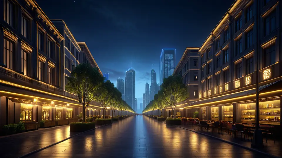 3D渲染风格，一个酒店大堂的休息区，墙壁上挂着一台大屏幕电视，屏幕上显示体育赛事直播画面（用色块和几何图形表示比赛场景，无文字），电视下方有一个小型机顶盒，暖色调灯光，俯视构图，场景中有沙发和绿植，突出商用环境