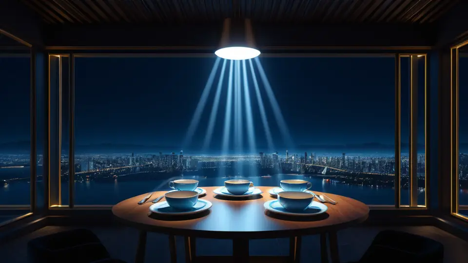 3D渲染，一个虚拟客厅场景，沙发和茶几上摆放遥控器与零食，前方电视屏幕显示抽象体育图标和进度条，无文字，淡蓝主色调，俯视构图，大量留白