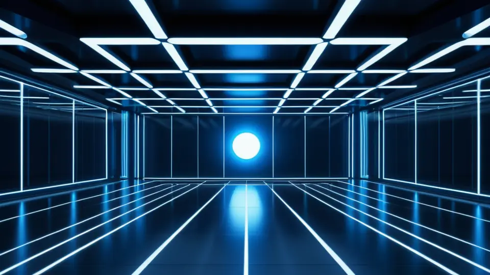 3D渲染，一个透明立方体内悬浮着多台平板电脑，每台屏幕显示不同影视内容，淡蓝主色调，中央构图，柔光从顶部打下，科技感