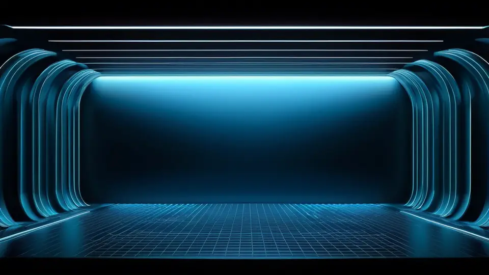 3D渲染风格，一个透明的智能手机悬浮在空中，屏幕显示电视频道列表界面，背景是淡蓝色渐变，手机周围环绕着几个小图标表示频道分类，中央构图，画面简洁，无任何文字