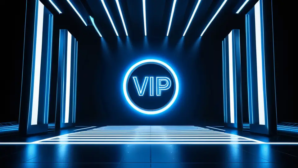 3D渲染，一个发光的VIP徽章悬浮在蓝色背景中央，周围环绕播放按钮、高清图标、无广告符号，淡蓝主色调，中央构图，柔光效果，无任何文字