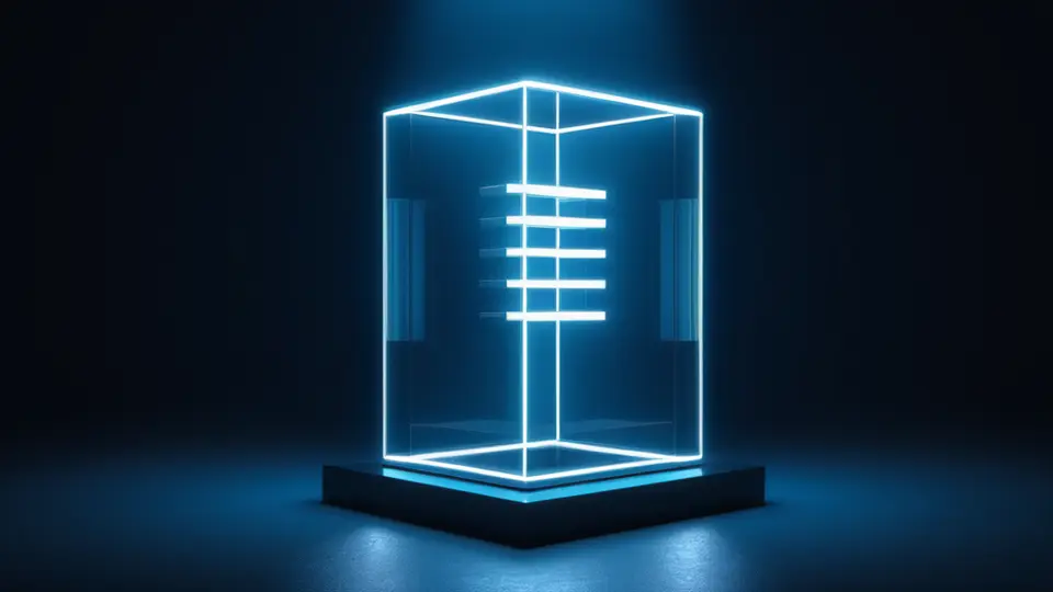 3D渲染，一个打开的纸箱内装有平板电脑和一张带有二维码的卡片，纸箱旁有“扫码激活”的抽象图标，无文字，淡蓝主色调，俯视构图，明快商业风格