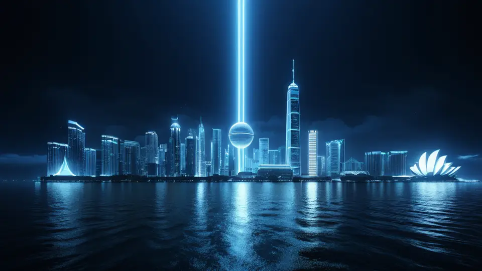 3D渲染，一个门店收银台旁放置的智能终端设备，屏幕显示二维码和授权成功图标，无任何文字，淡蓝主色调，俯视构图，背景虚化突出设备