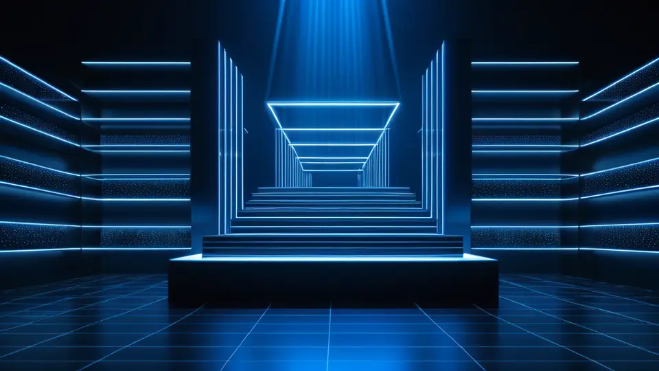 3D渲染，一部智能手机悬浮在蓝色背景中央，手机屏幕显示简化版频道列表图标与播放按钮，无文字，淡蓝主色调，中央构图，大量留白，光线柔和，科技感