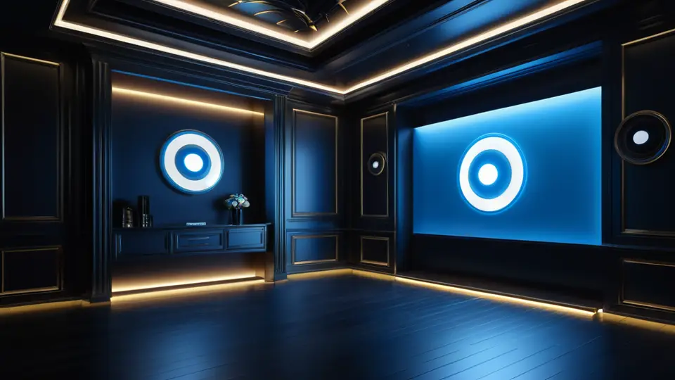 3D渲染风格，一台智能电视、一台笔记本电脑和一部智能手机并排放置，屏幕显示抽象进度条和色块（无文字），背景干净浅灰，冷色调为主，俯视构图，光影柔和，强调多设备互联场景