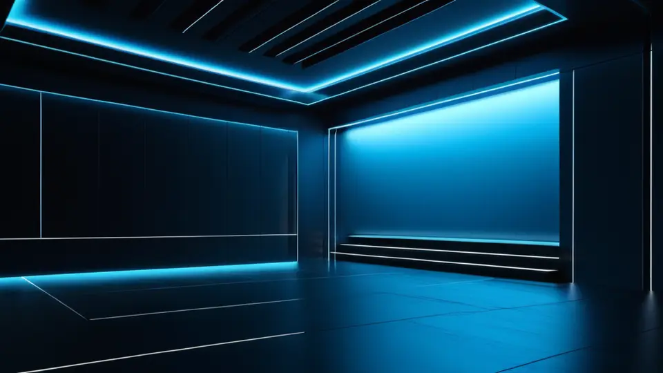 3D渲染，一张现代办公桌上放着一台笔记本电脑，屏幕显示抽象色块和图标组成的影视界面，旁边有一部手机和一台平板，淡蓝主色调配以少量暖色点缀，俯视构图，桌面有柔和的阴影，整体风格干净明亮，无任何文字