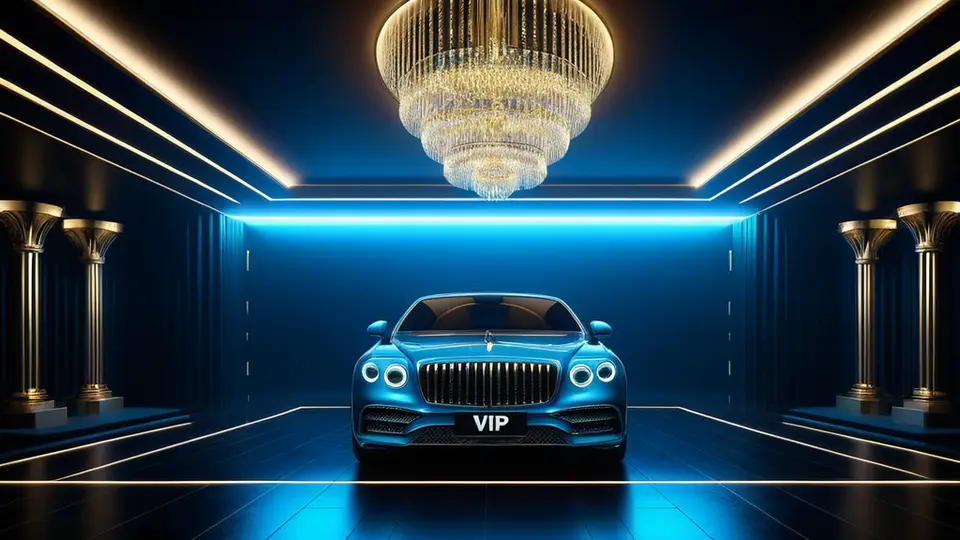 扁平插画，一个放大镜聚焦在“VIP”图标上，周围环绕影视胶片和齿轮元素，淡蓝色主色调，中央构图，大量留白，简洁商务风格