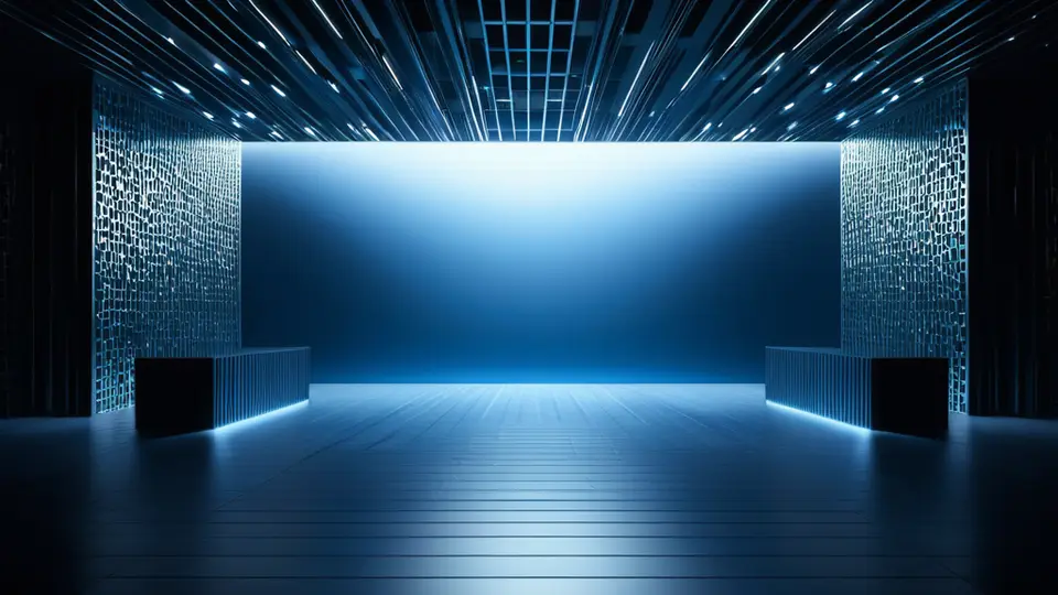 3D渲染，一个半透明的智能手机悬浮在空中，屏幕显示彩色图标和进度条，无任何文字，周围环绕着影视胶卷和播放按钮的几何符号，淡蓝主色调，俯视构图，背景为纯白色