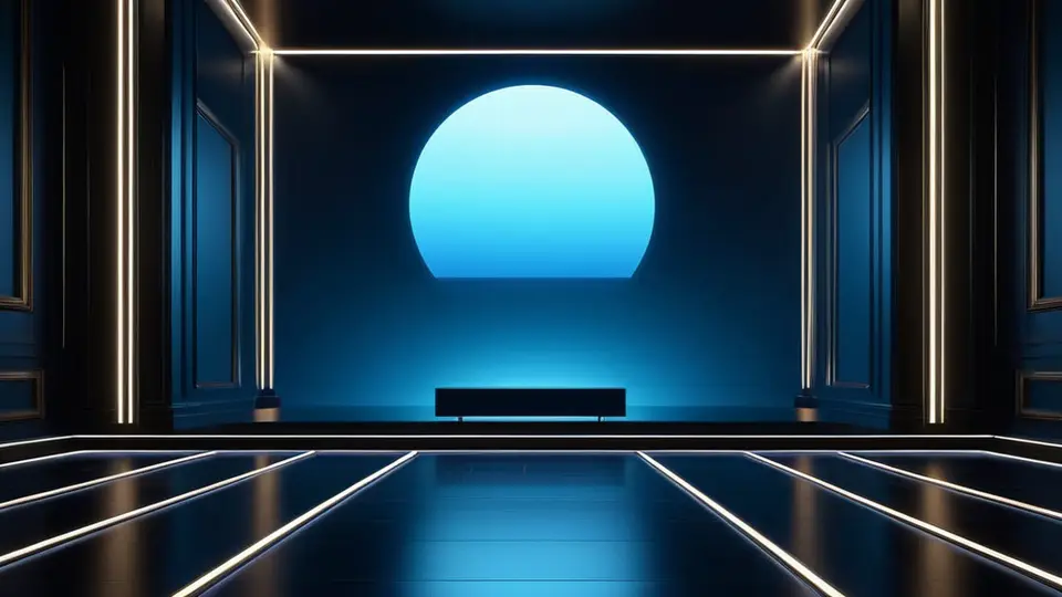 3D渲染，一个现代客厅场景中，大屏幕电视正在播放抽象几何图形组成的直播画面，无任何文字，淡蓝主色调，暖色灯光点缀，中央构图，画面简洁明亮