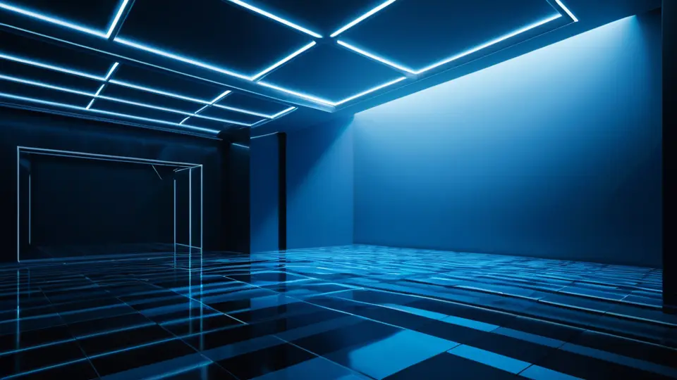 3D渲染，一个虚拟家庭影院场景，中央悬浮着透明屏幕，屏幕内显示抽象色块和图标，代表电影、电视剧、综艺等内容分类，暖色调光线，中央构图，大量留白，背景是柔和的渐变蓝，无任何文字